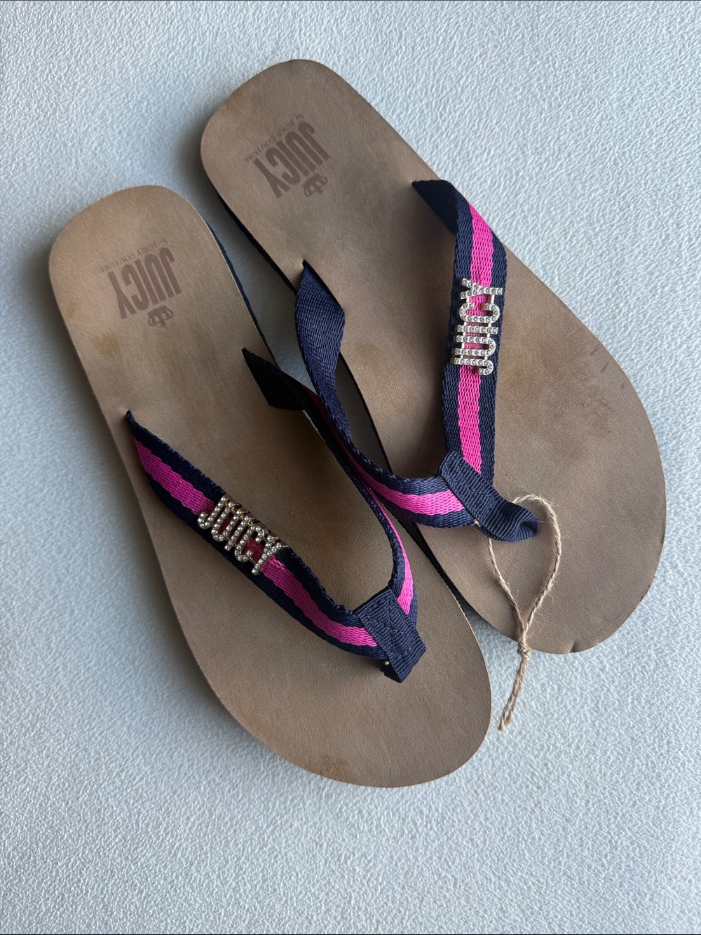 Juicy Couture Navy and Pink Rhinestone Strap Flip Flops size 9